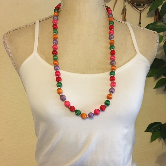 Vintage bright color silk wrapped bead necklace - Picture 3 of 7